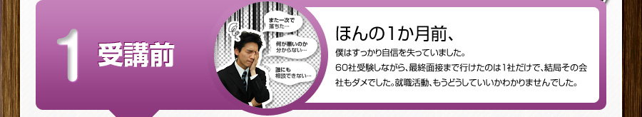1 受講前
			また一次で落ちた…
			何が悪いのか分からない…
			誰にも相談できない…
			ほんの1か月前、
			僕はすっかり自信を失っていました。
			60社受験しながら、最終面接まで行けたのは1社だけで、結局その会社もダメでした。就職活動、もうどうしていいかわかりませんでした。