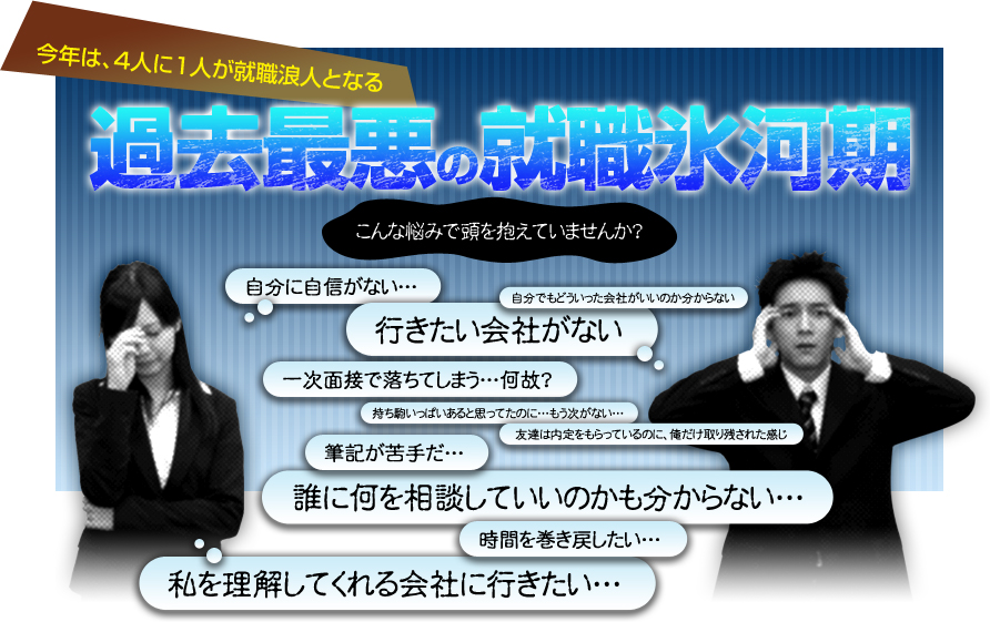 今年は、4人に1人が就職浪人となる
		過去最悪の就職氷河期
		こんな悩みで頭を抱えていませんか？
		自分に自信がない...
		自分でもどういった会社がいいのか分からない
		行きたい会社がない
		一次面接で落ちてしまう...何故？
		持ち駒いっぱいあると思ってたのに...もう次がない...
		友達は内定をもらっているのに、俺だけ取り残された感じ
		筆記が苦手だ...
		誰に何を相談していいのかも分からない...
		時間を巻き戻したい...
		私を理解してくれる会社に行きたい...